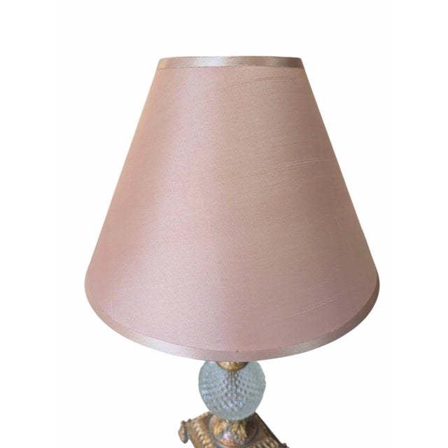 Hollywood Regency Gilded Gold and Faux Crystal Lamps With Pink Lampshades- A Pair For Sale - Image 10 of 18