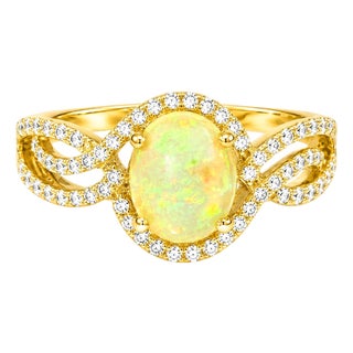 Mid 20th Century 14k Yellow Gold Ethiopian Opal Diamond Filigree Cocktail Ring Estate, Size 7.5 For Sale