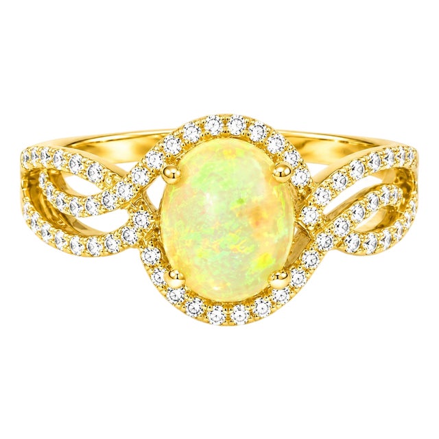 Mid 20th Century 14k Yellow Gold Ethiopian Opal Diamond Filigree Cocktail Ring Estate, Size 7.5 For Sale