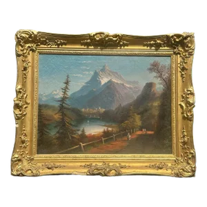 Late 19th Century Antique European School Impressionist Oil on Canvas Mountain Landscape Painting, Framed