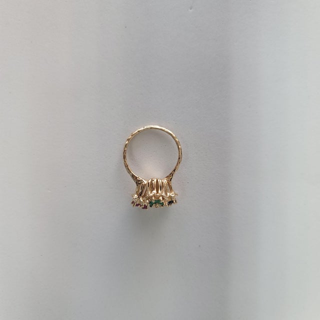 Sapphire, Emerald, Ruby Tulip Flower Ring 14k Yellow Gold, Size 8 For Sale - Image 4 of 4