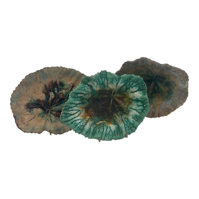 1930s 3 Victorian Majolica Leaf Form Ceramic Dishes or Ashtrays For Sale