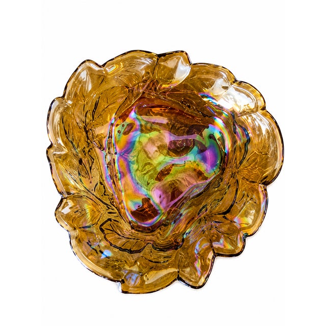 Glass Vintage Iridescent Amber Carnival Glass Grape & Leaf Ruffled Bowl 7.75" Floral For Sale - Image 7 of 10