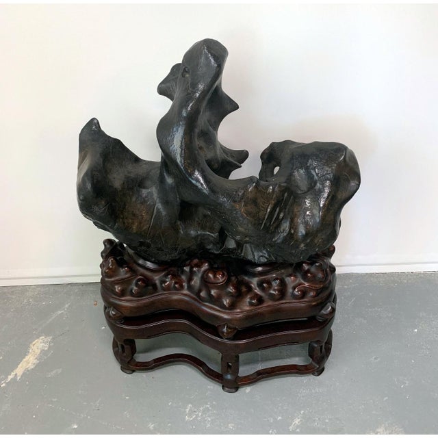 Black Large Spectacular Chinese Lingbi Scholar Stone on Stand For Sale - Image 8 of 18