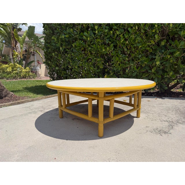 Wood Vintage 42” Round Bamboo Coffee Table in the Style of Ficks Reed For Sale - Image 7 of 12