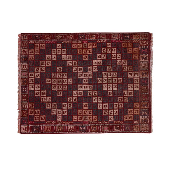 Mid-Century Jajim Kilim Rug With Tribal Borders 4'9'' X 6'9'' 59" x 83'' / 150 x 212 Cm Hand woven with high quality pure...