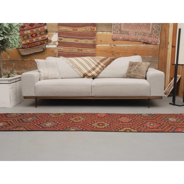 1970s Vintage Handmade Wool Cotton Red Cicim Kilim Runner Rug For Sale - Image 9 of 11