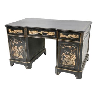 Chinoiserie Hand Painted Black Lacquer Partners Desk For Sale