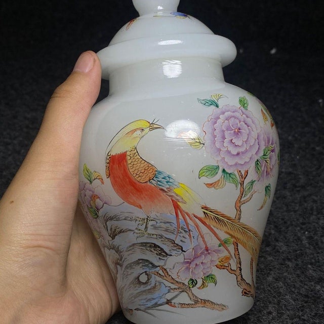 White Small Chinese Hand-Painted Peking Glass Jar With Lid - Pheasant & Peony Motif For Sale - Image 8 of 9
