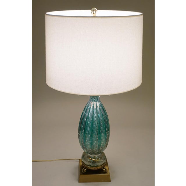 Rare Large Turquoise "Costolato" Barovier Toso Murano Italy Thick Bubble Blown Art Glass Brass Table Lamp 1960s For Sale - Image 11 of 14