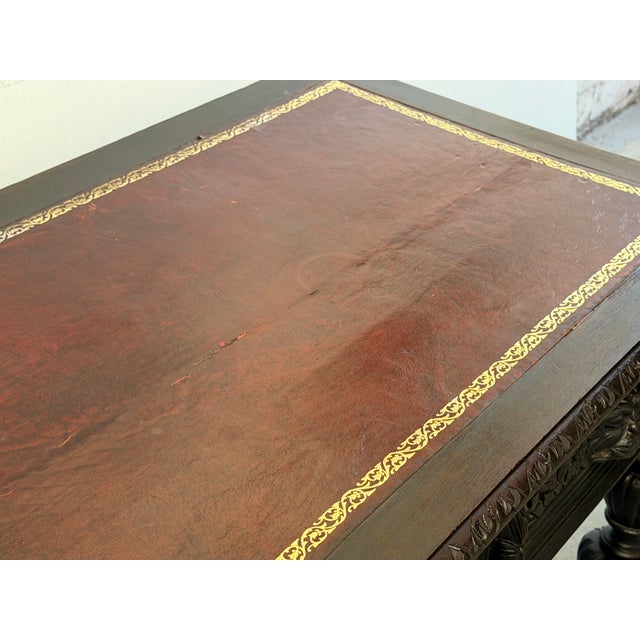 Late 19th Century British Carved Oak Leather Top Writing Table For Sale - Image 10 of 17