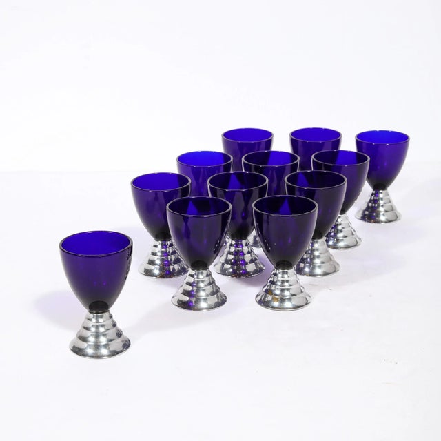 Metal 1930s Art Deco Skyscraper Style "Blue Moon" Cocktail Glasses in Chrome by Chase- Set of 12 For Sale - Image 7 of 12