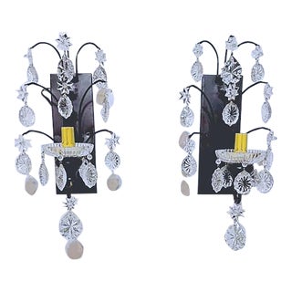 Pair of Vintage Large French Wrought Iron Crystal Sconces For Sale