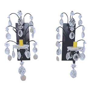 Pair of Vintage Large French Wrought Iron Crystal Sconces