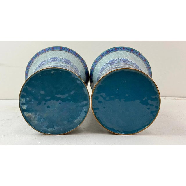 Pair of Chinese Cloisonne Enamel Trumpet Form Vases Blue Dragon Motif For Sale - Image 10 of 10