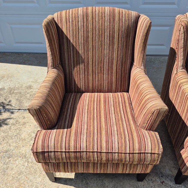 Modern 2010 Stratford Caye Large-Scale Modern Wingback Arm Chairs Brown Striped Upholstery - A Pair For Sale - Image 3 of 10