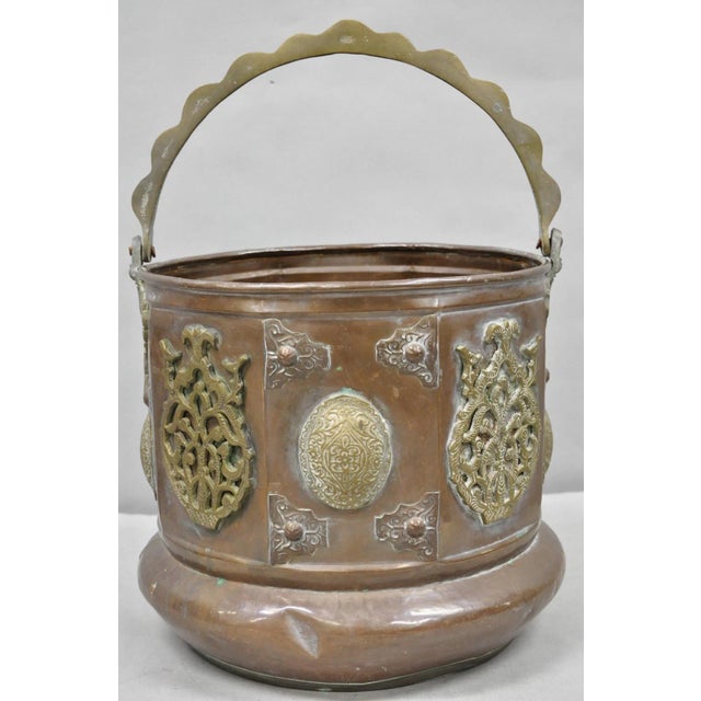Gold Antique Anglo Indian Middle Eastern Copper & Bronze Coal Bucket Cachepot Planter For Sale - Image 8 of 12
