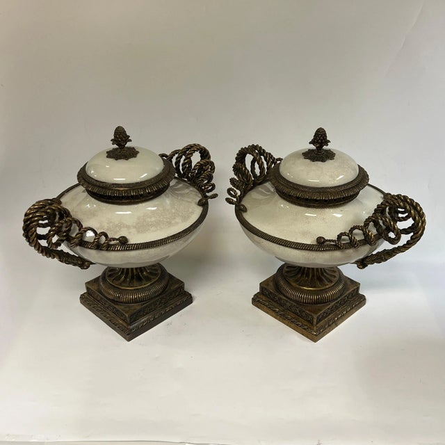 Neoclassical style Ceramic and Bronze Centerpiece Urns - A Pair For Sale - Image 11 of 11