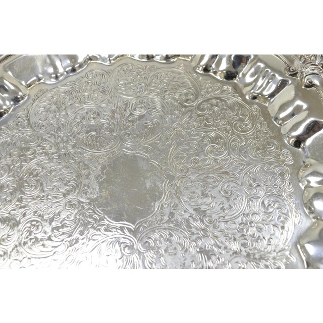 Silver Vintage Victorian Silver Plated Round Scalloped Twin Handle Bar Serving Tray For Sale - Image 8 of 17