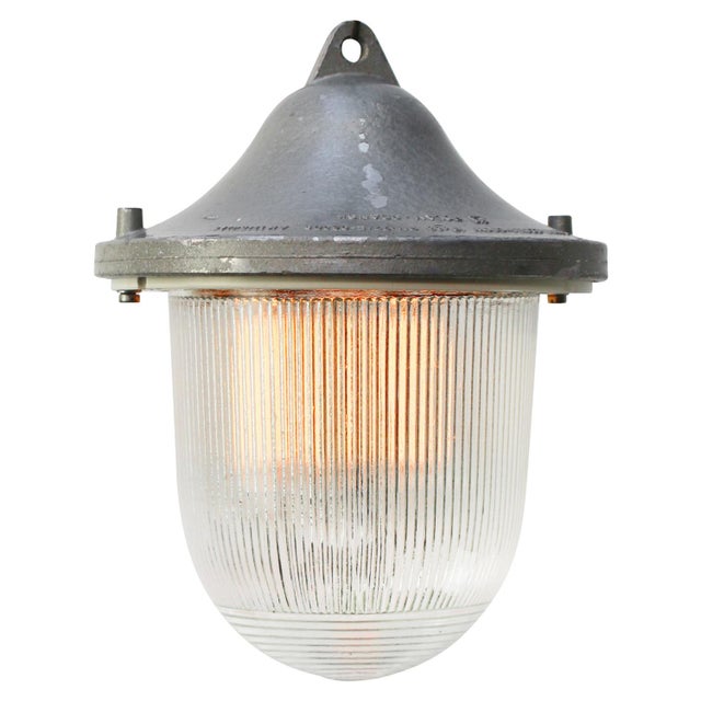 Industrial Vintage Industrial Grey Metal Holophane Glass Pendant Lamp For Sale - Image 3 of 7