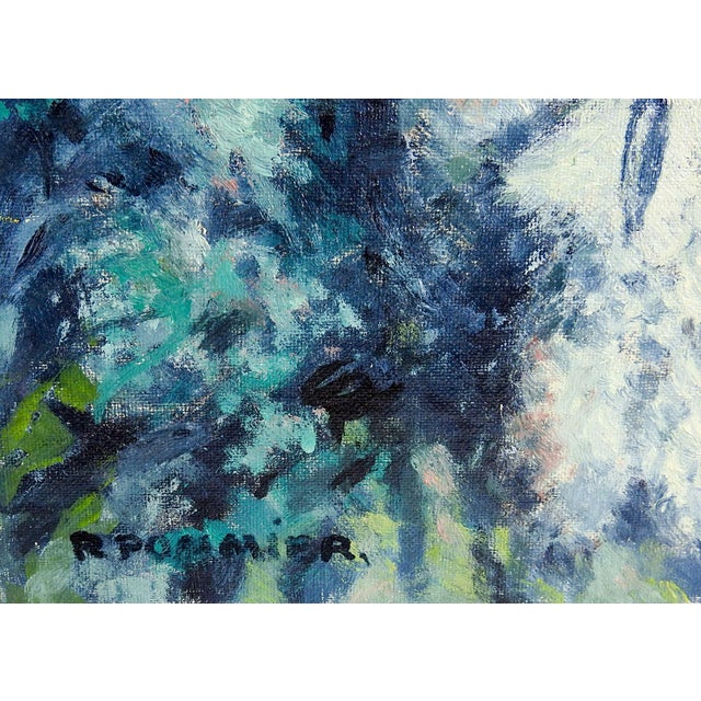 Mid 20th century French oil on canvas board painting of owl. Signed R. Pommier lower left corner. Unframed, edge wear.