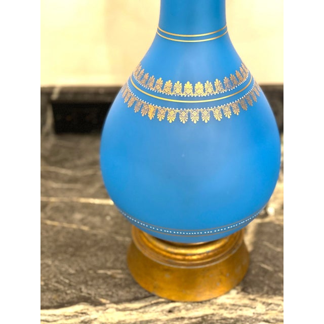 Vintage Mid 20th Century Blue Glass Lamp With Hand Painted Gold Detail For Sale - Image 4 of 8