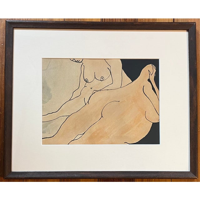 Anna Poulos (American 1933 - 2003) Modernist Abstract Figural Ink Drawing and Watercolor Painting of Two Nude Women Dated 1966 For Sale - Image 4 of 9