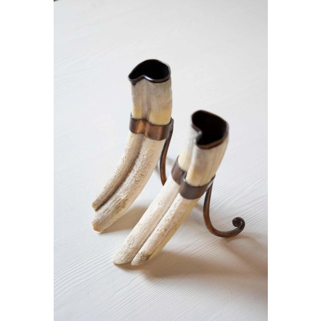 Metal Rustic Pair of 19th Century Game Animal Horns Mounted on Scrolling Metal Stands For Sale - Image 7 of 7