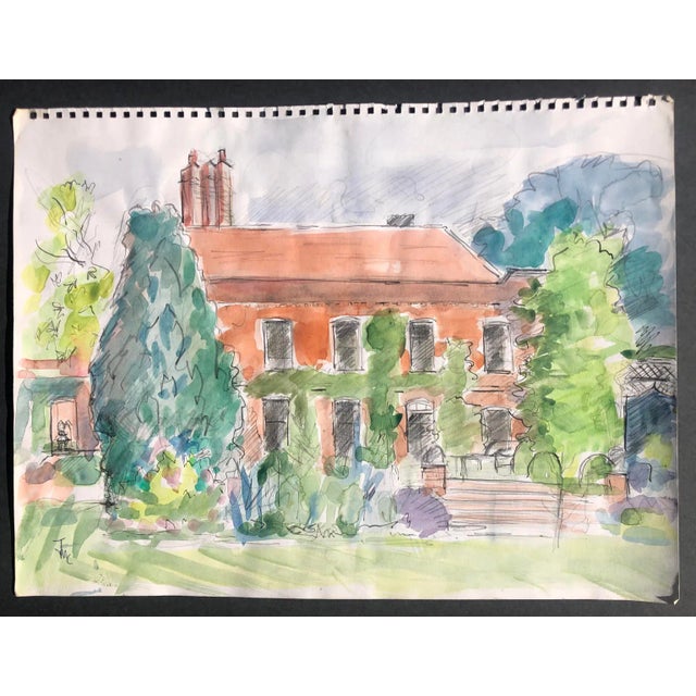 British artist Josie Capstick (1932-1998). Architectural mixed media watercolor of a country house in England. Signed...