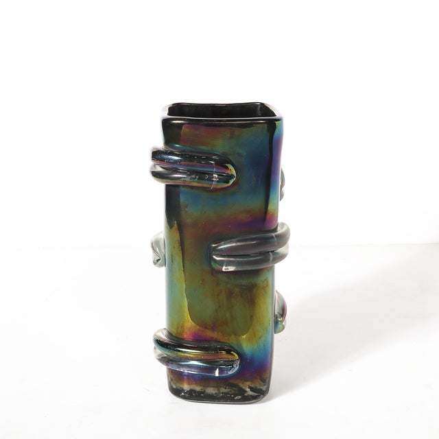 Blue Pair of Mid-Century Hand-Blown Murano Iridescent Glass Vases For Sale - Image 8 of 14