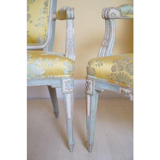 Canary Yellow 19th C. Louis XVI Style Silk Upholstered Painted Fauteuils - Set of 2 For Sale - Image 8 of 15