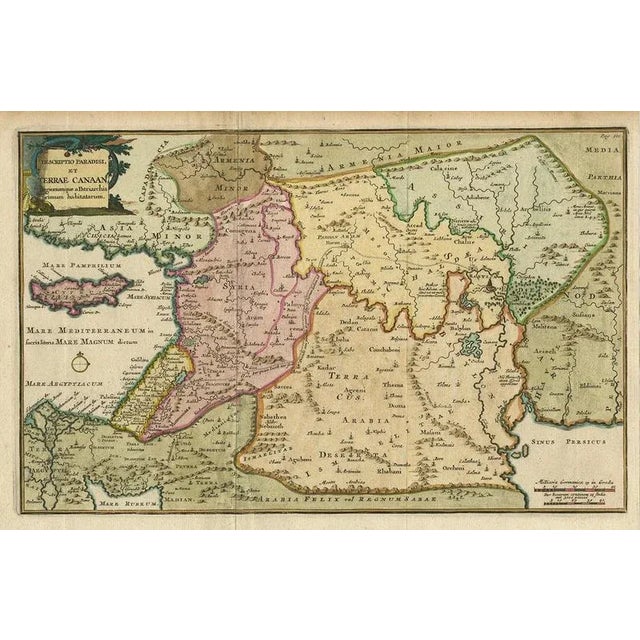 Antique Map of the Holy Land and Paradise by François Halma, c.1720 Beautiful early 18th-century hand-colored map of the...