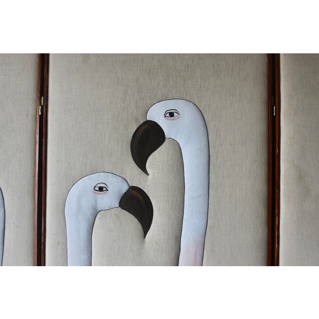 Vintage Hand Painted Flamingos Three Panel Screen Room Divider For Sale - Image 14 of 18
