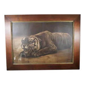 19th Century Black and White Lithograph of a Tiger