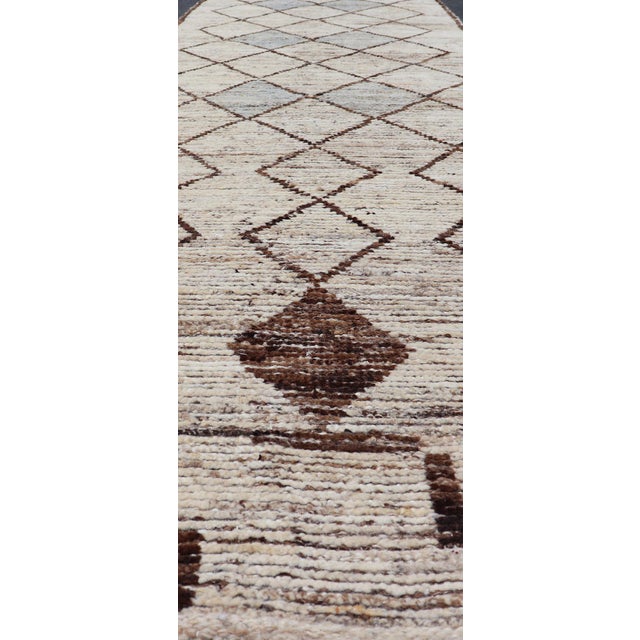 Cream Modern Moroccan Style Tribal Runner With Geometric Patterns in Browns and Cream For Sale - Image 8 of 12