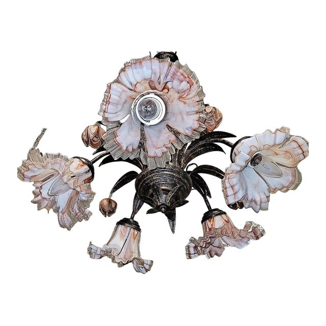 Make a statement with this beautiful Venetian glass chandelier, copper on dark bronze metal frame holds 5 regular base...