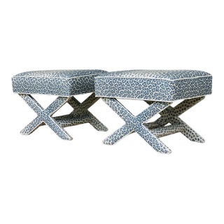 Pair Vintage Newly Upholstered Large X Benches in Colefax and Fowler For Sale