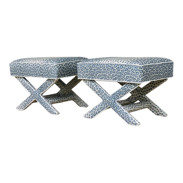 Pair Vintage Newly Upholstered Large X Benches in Colefax and Fowler For Sale