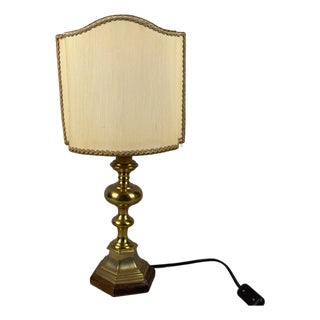 Vintage Brass and Wood Table Lamp with Beige Fabric Shade, 1960s For Sale