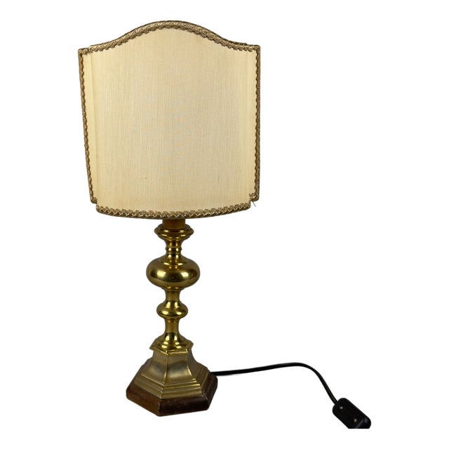 Vintage Brass and Wood Table Lamp with Beige Fabric Shade, 1960s For Sale