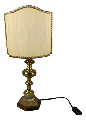 Vintage Brass and Wood Table Lamp with Beige Fabric Shade, 1960s