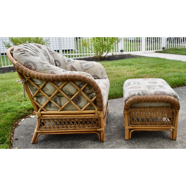 Braxton Culler Rattan Wicker Lounge Accent Chair & Ottoman Set Coastal Boho For Sale - Image 11 of 16
