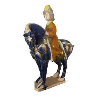 Beijing Niren Zhang Tang Style Cobalt Sancai Glazed Horse & Rider Figurine - 17" For Sale