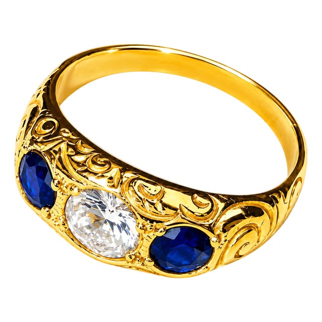 14K Yellow Gold Diamond Sapphire Wedding Ring Band Antique Estate For Sale