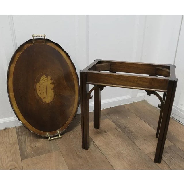 Georgian Style Inlaid Butlers Tray on Stand, 1890s, Set of 2 For Sale - Image 6 of 9