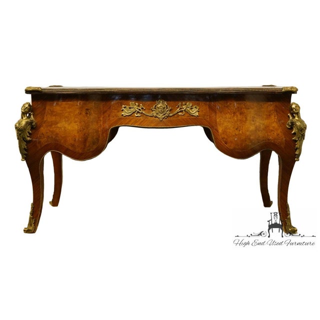 Vintage French Provincial Louis XV Burled Walnut & Kingwood Bureau Plat / Executive Desk W. Tooled Leather Top & Gilt Figural Mounts For Sale - Image 4 of 11