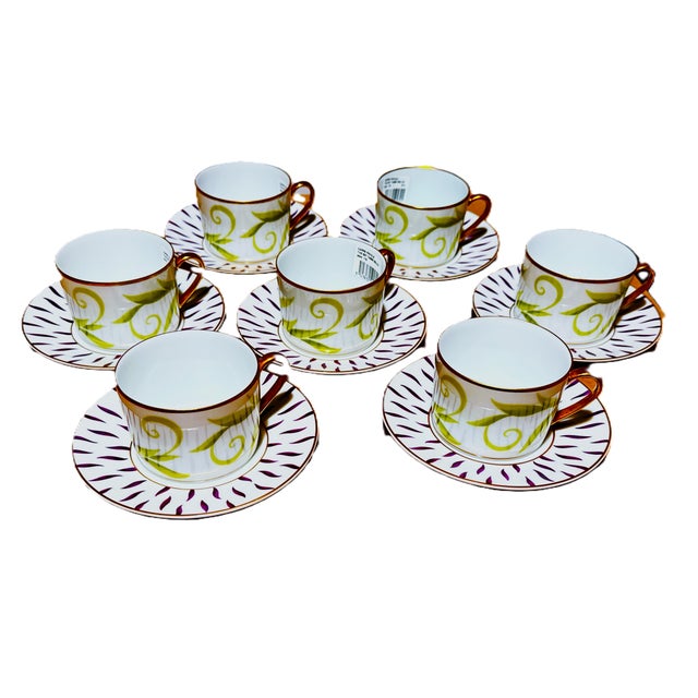 Bernardaud Frivole, French Limoges, Flat Cup & Saucer Set - Complete Set of 7 (Never Used) For Sale