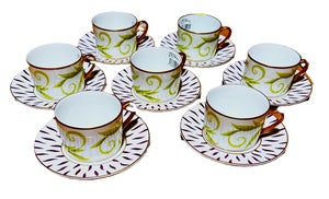Bernardaud Frivole, French Limoges, Flat Cup & Saucer Set - Complete Set of 7 (Never Used)