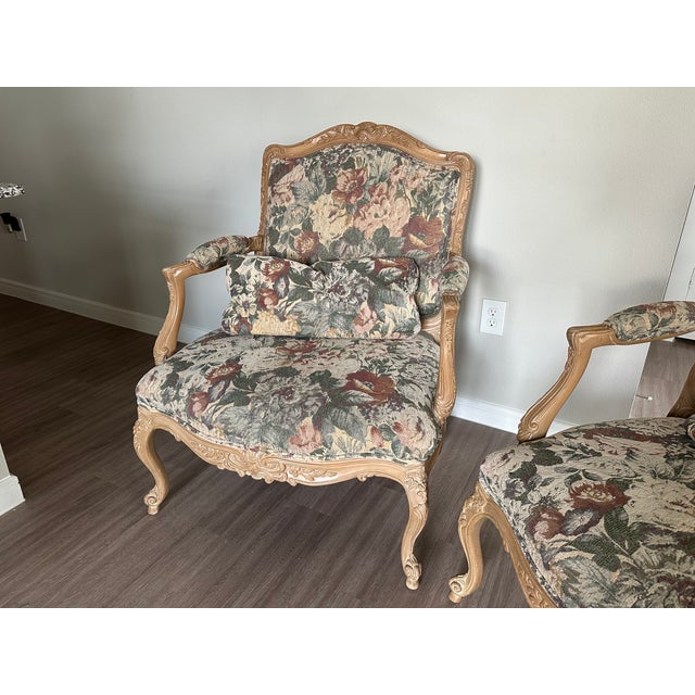 American 90's Vintage Style Floral Tapestry Arm Chair Set For Sale - Image 3 of 8