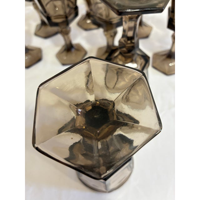 Vintage Fostoria Smoke Glass Goblets, Octagonal Paneled Design - Set of 12 For Sale - Image 9 of 9